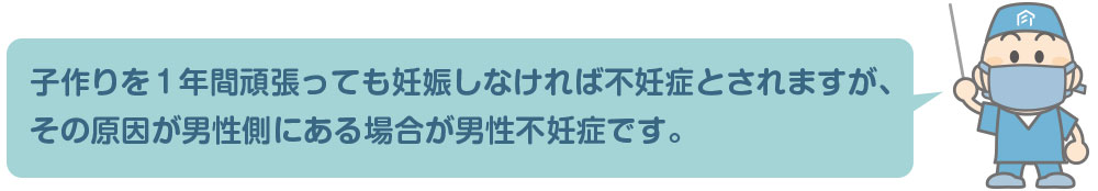 男性不妊とは、精子の問題、勃起や射精の問題、精子の通り路に問題などがあって妊娠に至らない状態のことを示すよ。